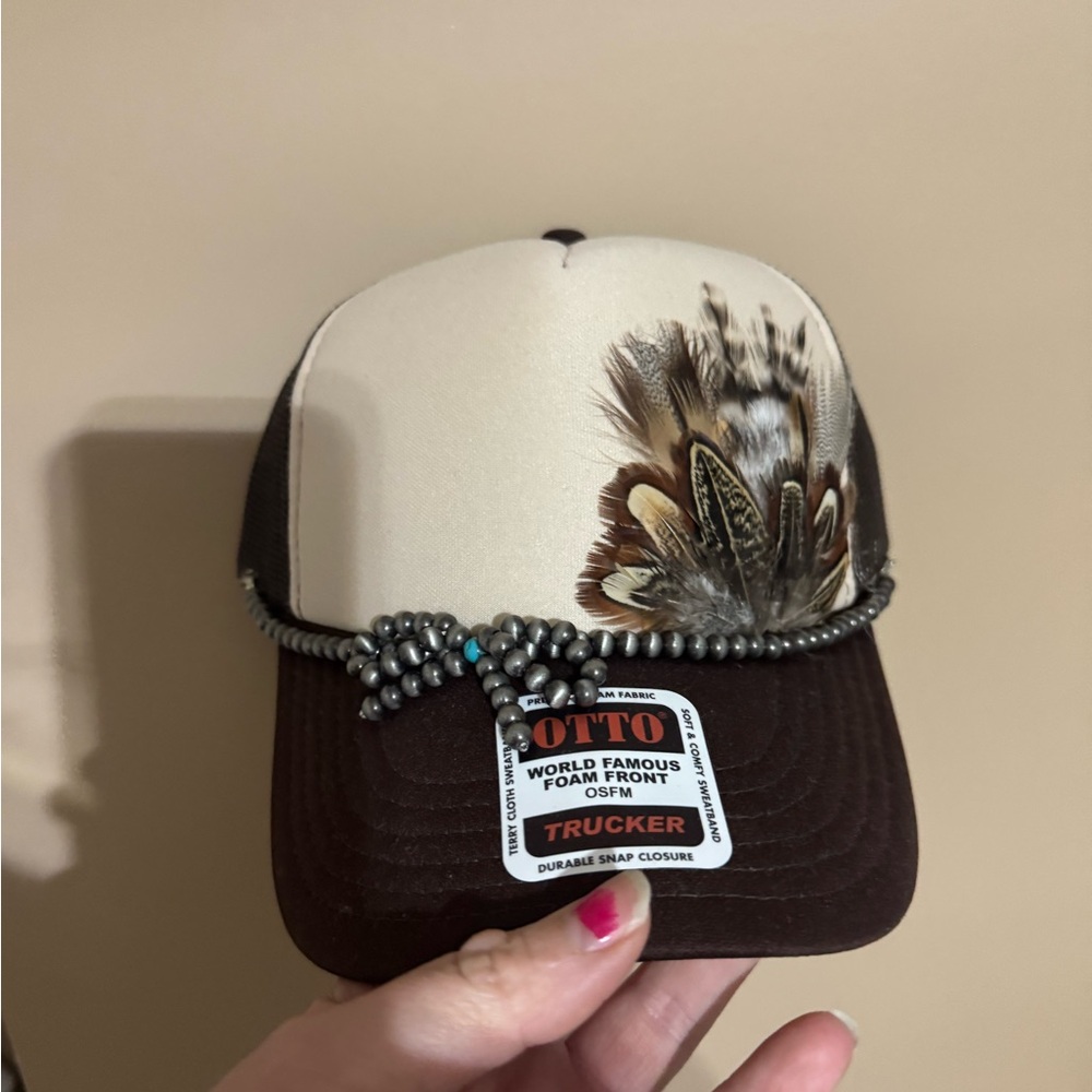 Handmade OTTO Brown and Cream Feathered Cap - Picture 1 of 2